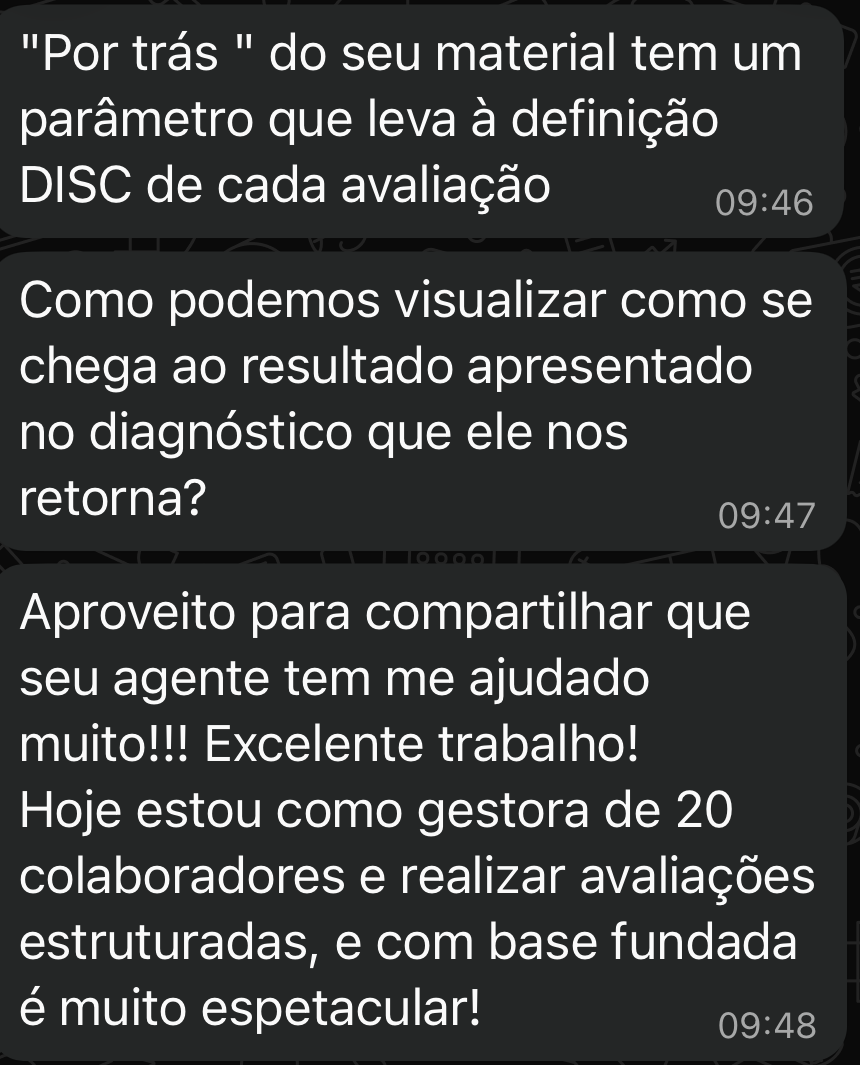 Depoimento real: gestora de 20 colaboradores valida o parâmetro DISC por trás das avaliações do agente
