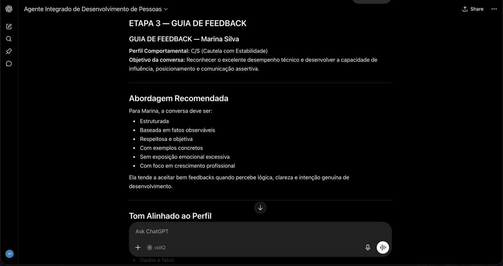 Etapa 3 da saída do agente: guia de feedback com perfil comportamental e abordagem recomendada