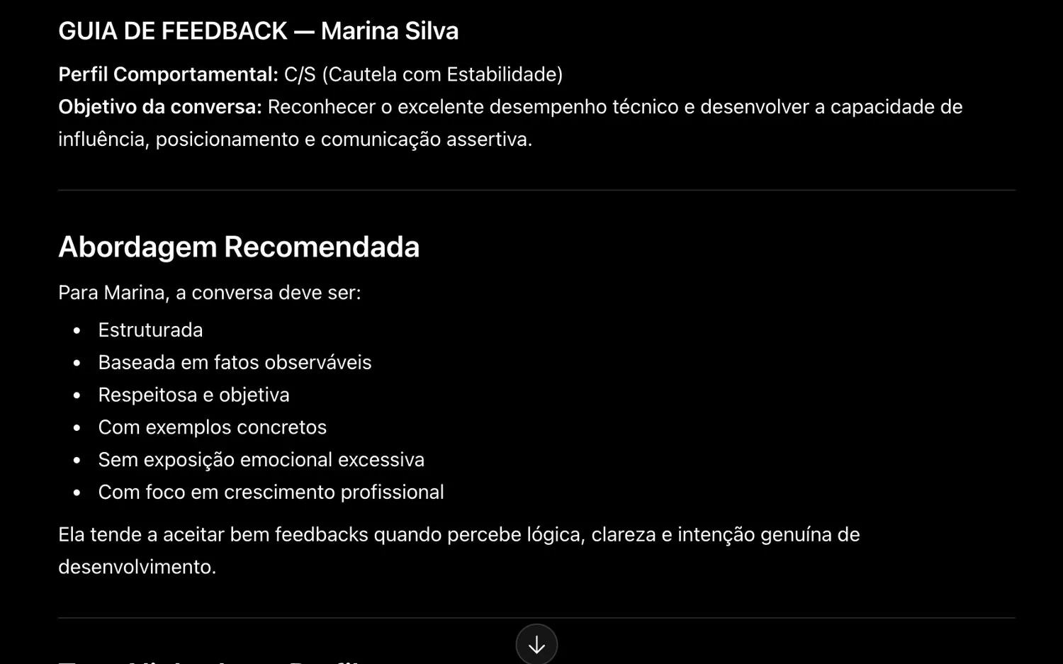Etapa 3 da saída do agente: guia de feedback com perfil comportamental e abordagem recomendada