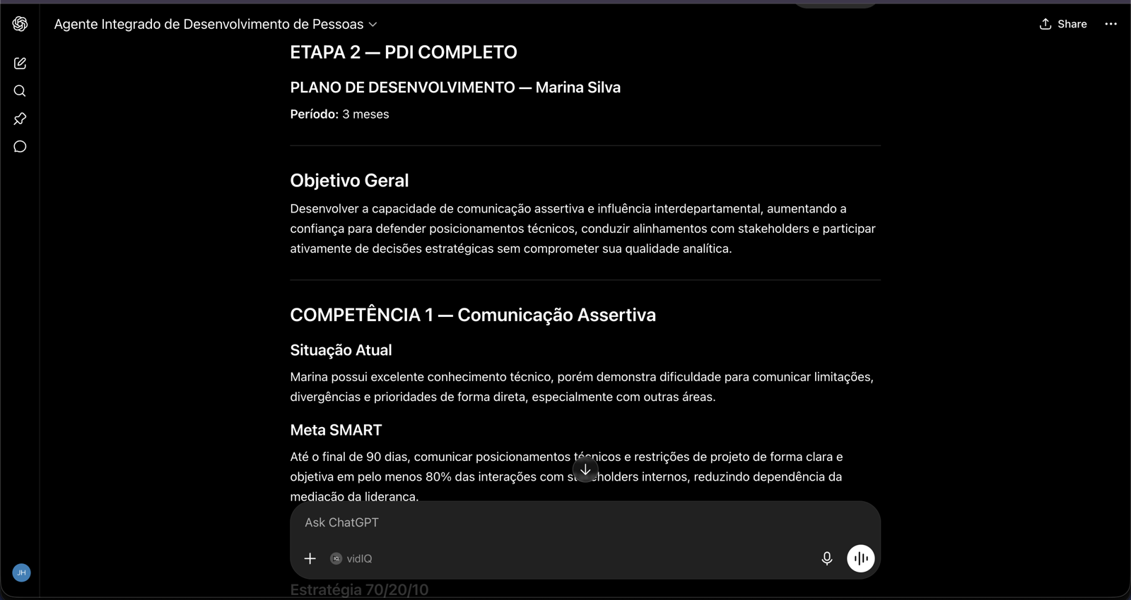Saída real do agente: plano de desenvolvimento completo com objetivo geral, competência e meta SMART