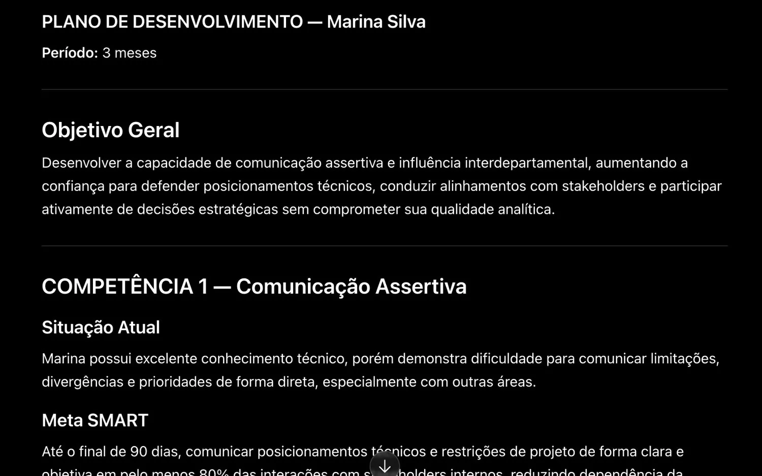 Saída real do agente: plano de desenvolvimento completo com objetivo geral, competência e meta SMART
